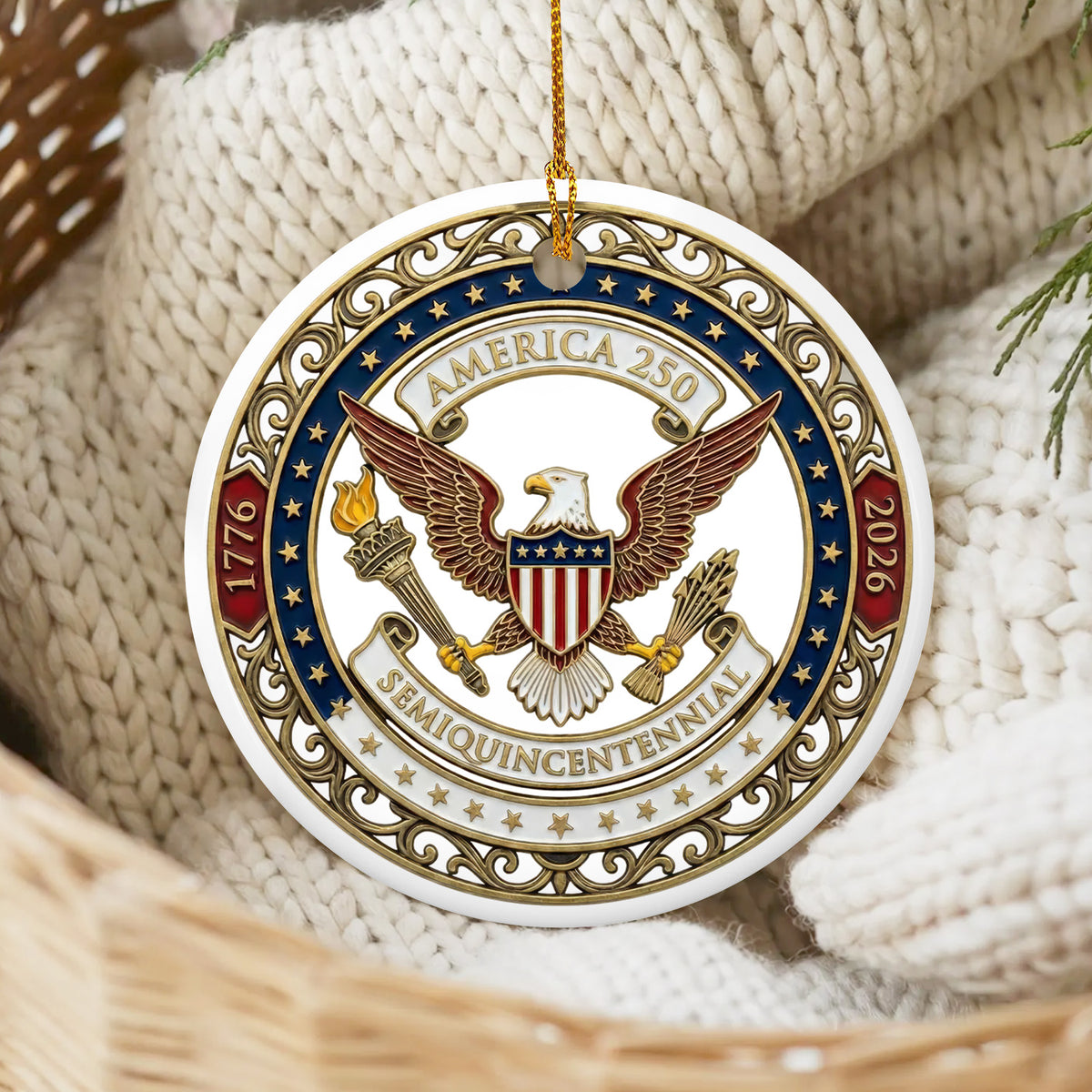 America 250 Ornament, Semiquincentennial 1776-2026 Ceramic Ornament, USA 250th Anniversary Gift, Patriotic Eagle Ornament
