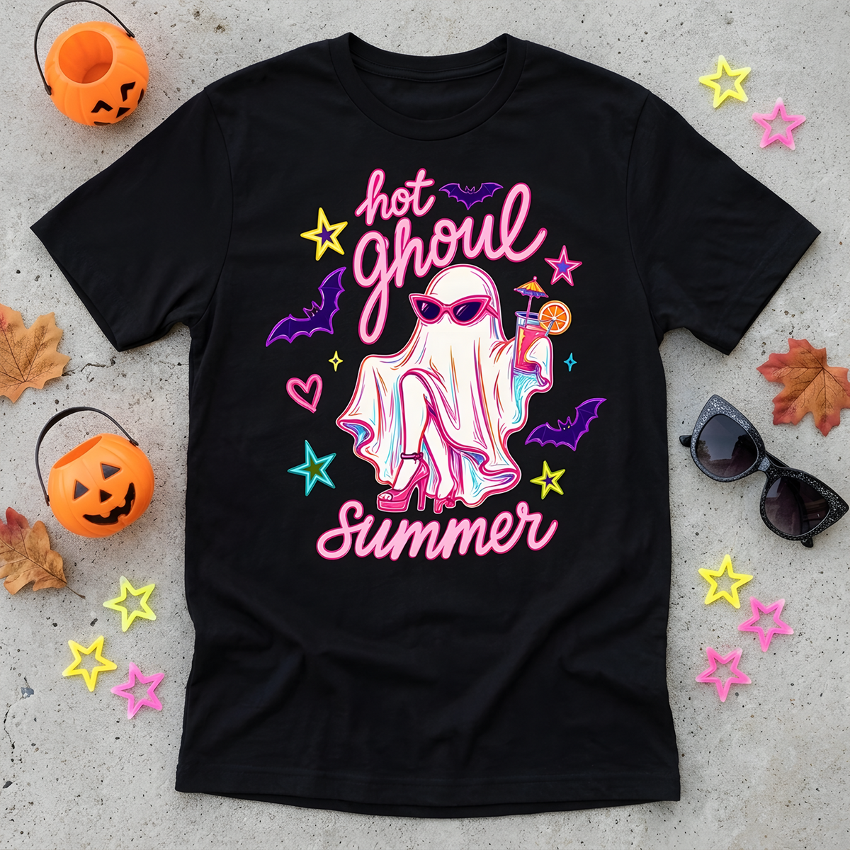 Hot Ghoul Summer - Cute Ghost Halloween Shirt, Neon Retro Spooky Tee, Trendy Fall Graphic T-Shirt
