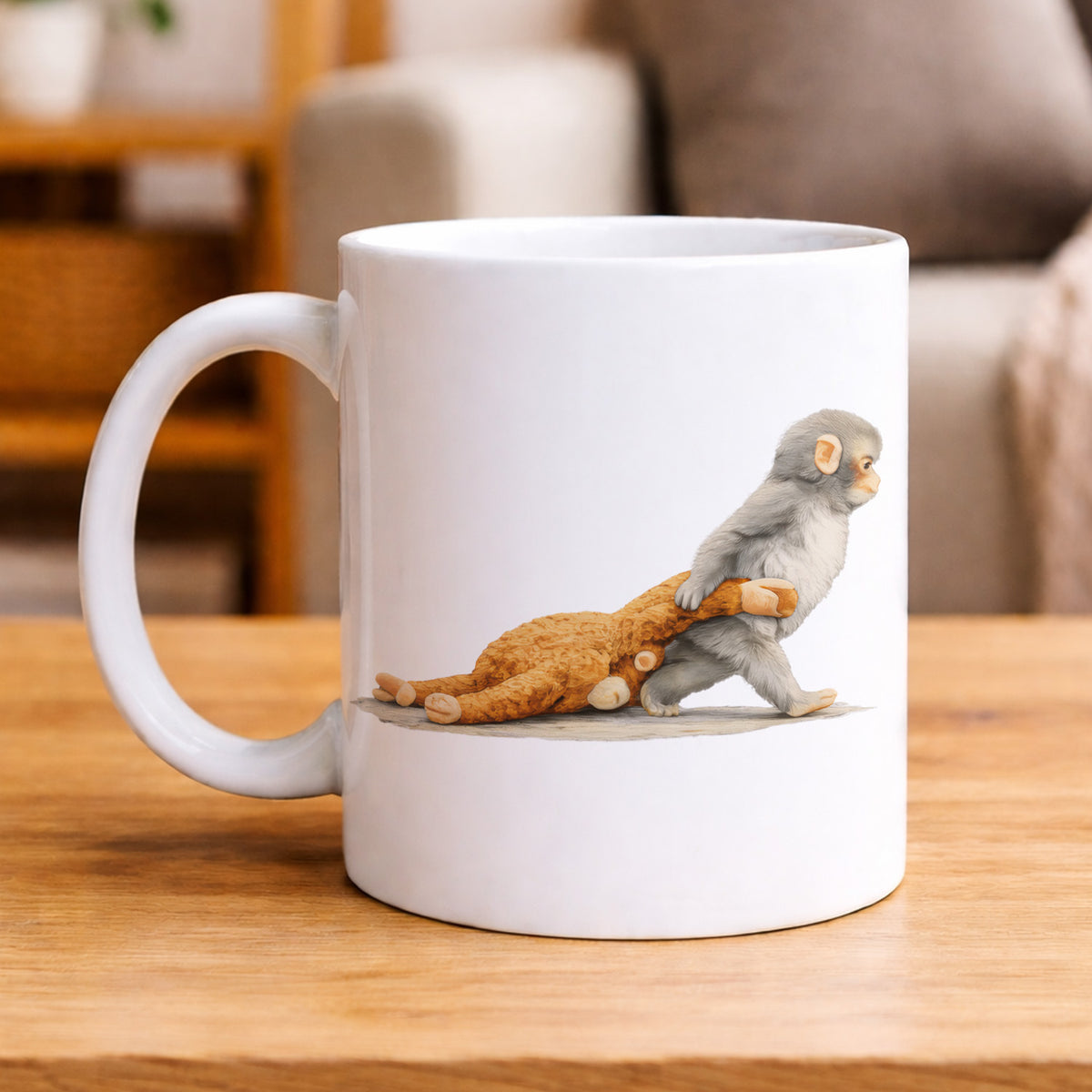 Monkey Punch Graphic Mug, Baby Monkey Holding Plush Toy Tee, Animal Lover Gift, Cute Trendy Mug gift