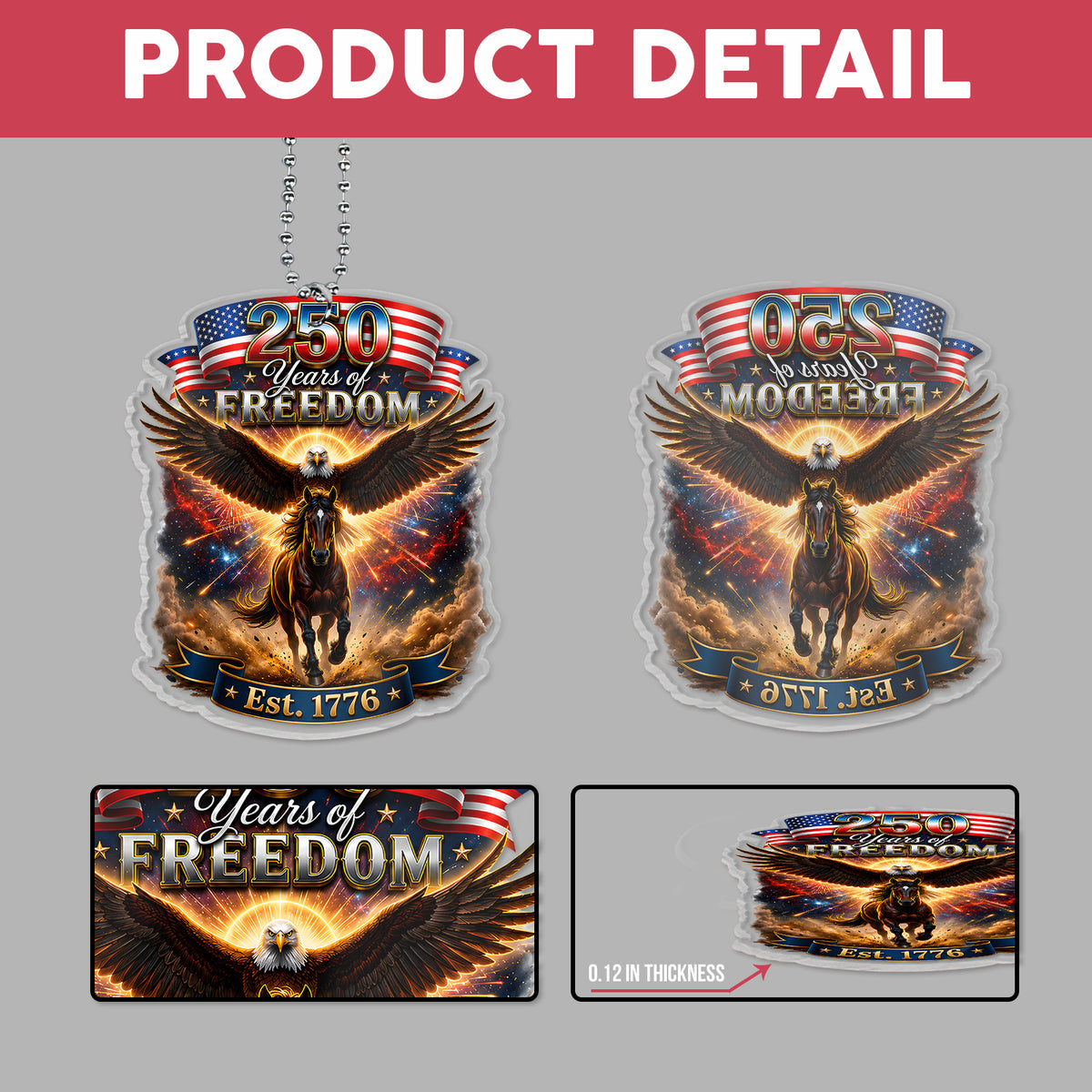 Patriotic Eagle &amp; Horse Acrylic Car Hanger, 250 Years Of Freedom Car Ornament, USA Anniversary Car Decor
