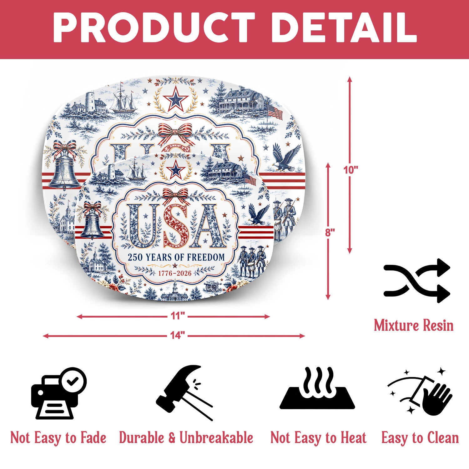 USA 250 Years Of Freedom Serving Platter, Vintage Americana Toile