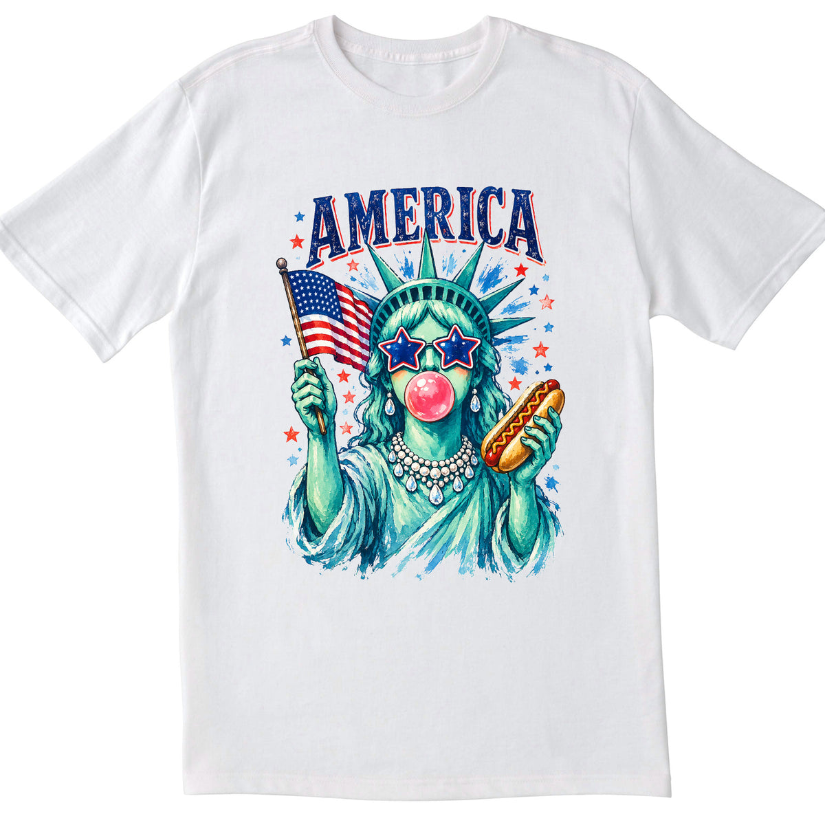 Brushstroke Statue of Liberty Shirt, Girly Blowing Bubble Holding Hot Dog, USA Shirt, America 4th July  Design