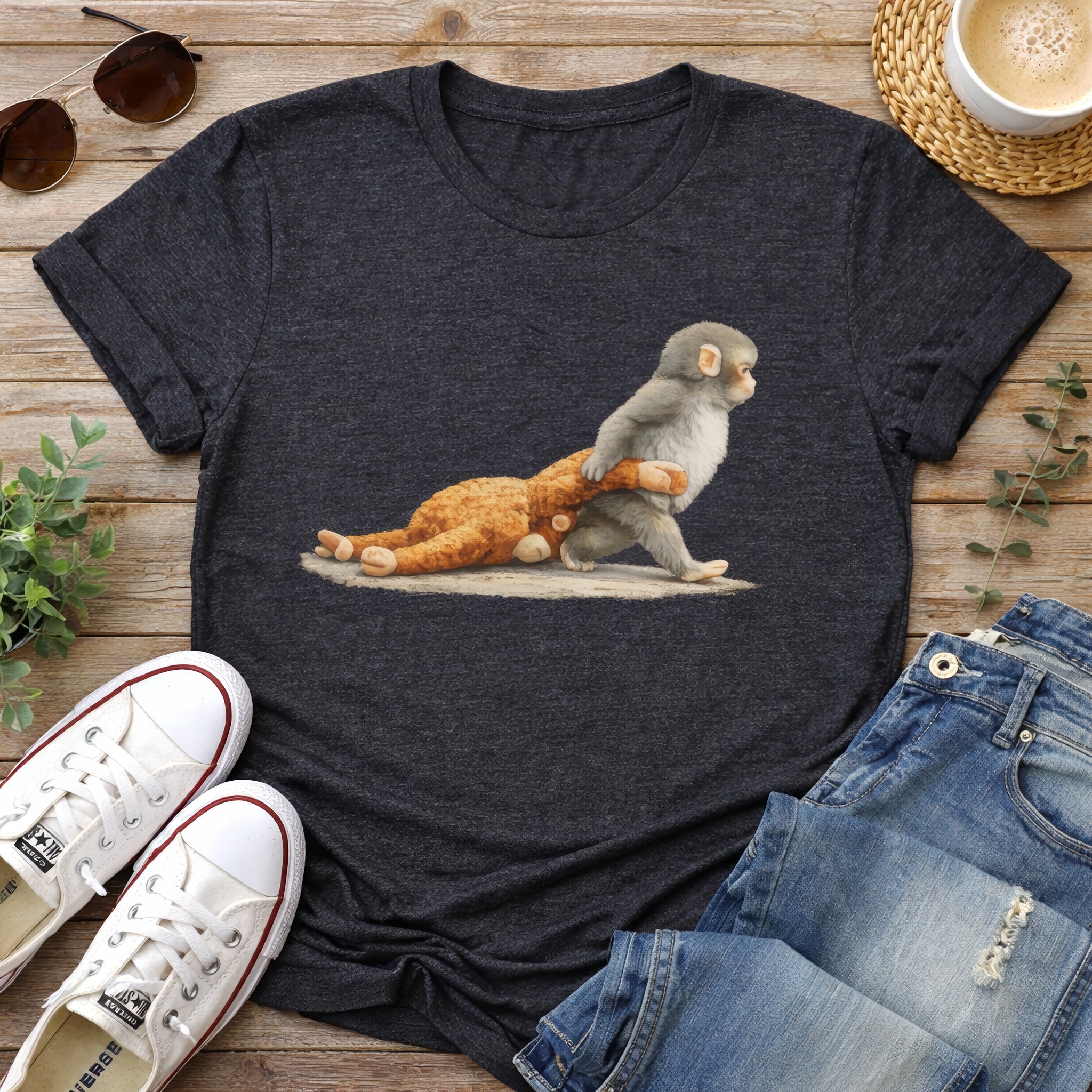 Monkey Punch Graphic Shirt, Baby Monkey Holding Plush Toy Tee, Animal Lover Gift, Cute Trendy Shirt