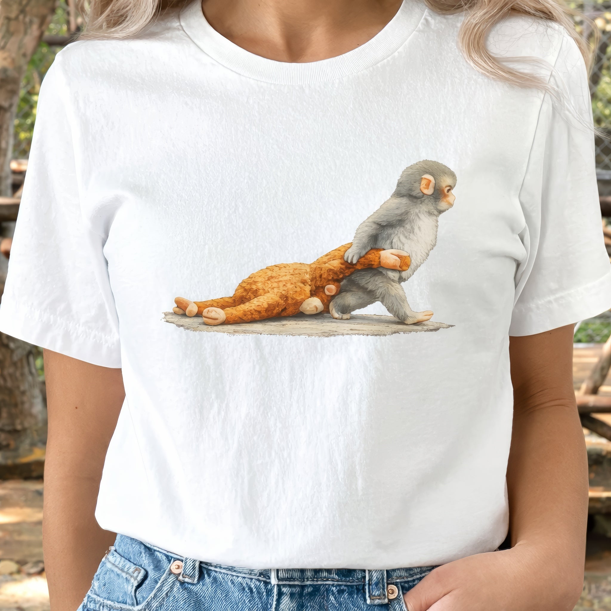 Monkey Punch Graphic Shirt, Baby Monkey Holding Plush Toy Tee, Animal Lover Gift, Cute Trendy Shirt