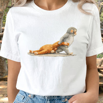 White t-shirt with a graphic of two monkeys on a white background
