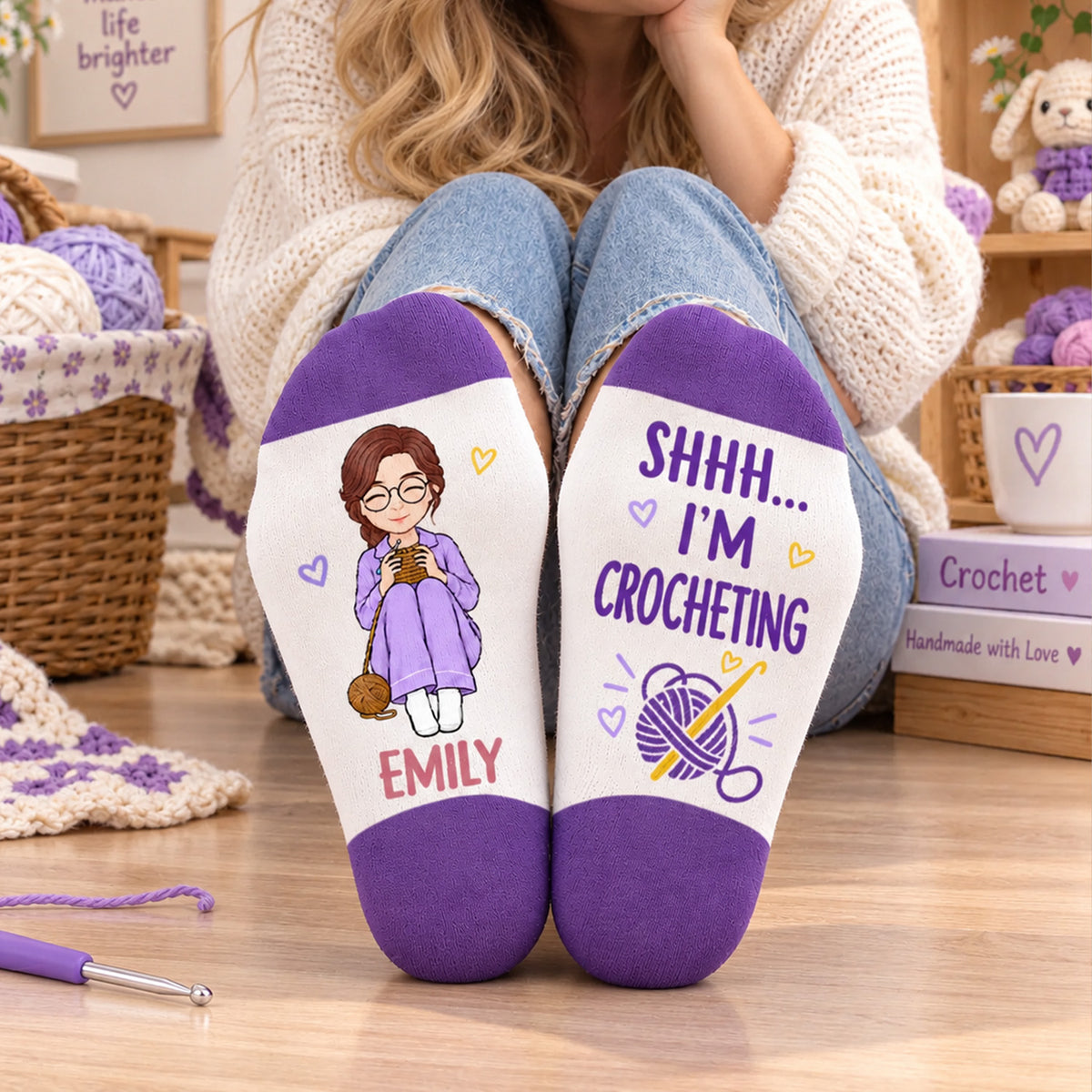Shh I'm Crocheting - Personalized Middle Tube Socks , Crochet, Knitting Gift For Craft Lovers