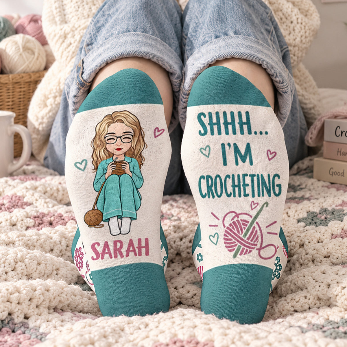 Shh I'm Crocheting - Personalized Middle Tube Socks , Crochet, Knitting Gift For Craft Lovers