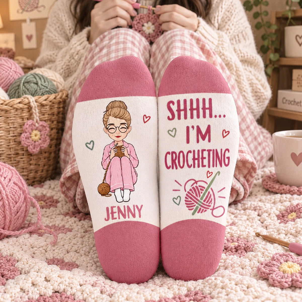 Shh I'm Crocheting - Personalized Middle Tube Socks , Crochet, Knitting Gift For Craft Lovers