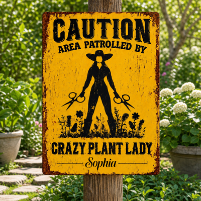 Caution Area Patrolled By Crazy Plant Lady - Personalized Metal Sign, Gift For Plant Lovers