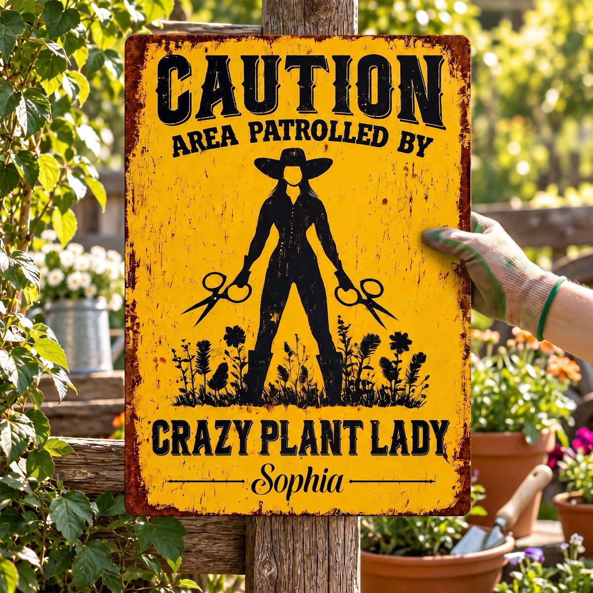 Caution Area Patrolled By Crazy Plant Lady - Personalized Metal Sign, Gift For Plant Lovers