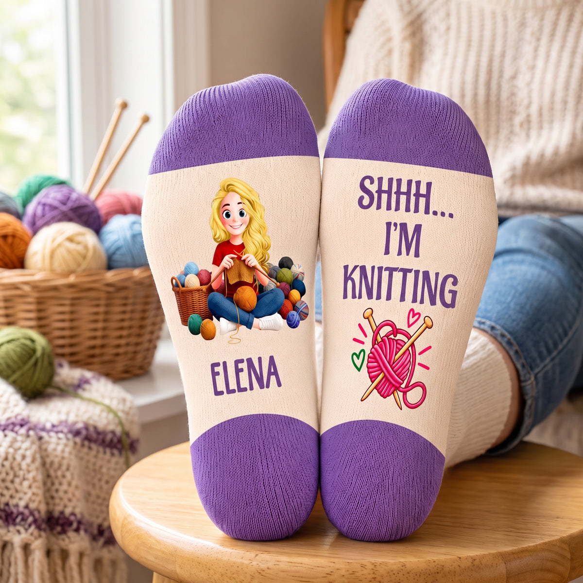 Hooked On Knitting - Personalized Middle Tube Socks, Custom Name Knitting Hooker, Gift for Knitting Lovers