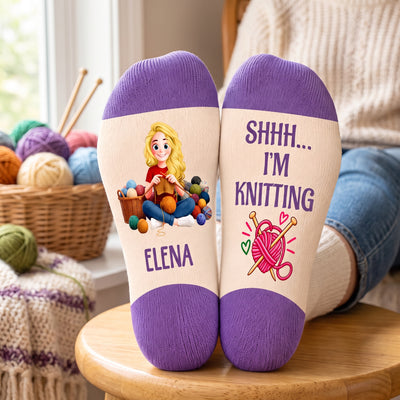 Hooked On Knitting - Personalized Middle Tube Socks, Custom Name Knitting Hooker, Gift for Knitting Lovers