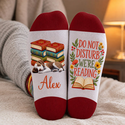 Do Not Disturb We're Reading- Personalized Middle Tube Socks, Gift For Bookworm,  Gift For Dog Mom