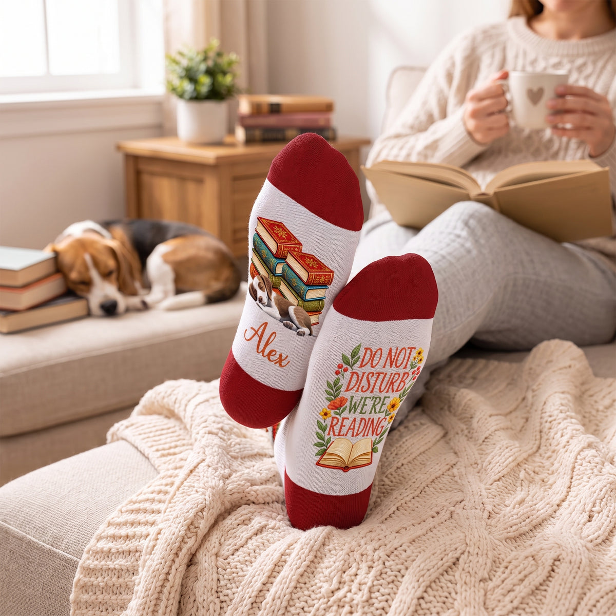 Do Not Disturb We're Reading- Personalized Middle Tube Socks, Gift For Bookworm,  Gift For Dog Mom
