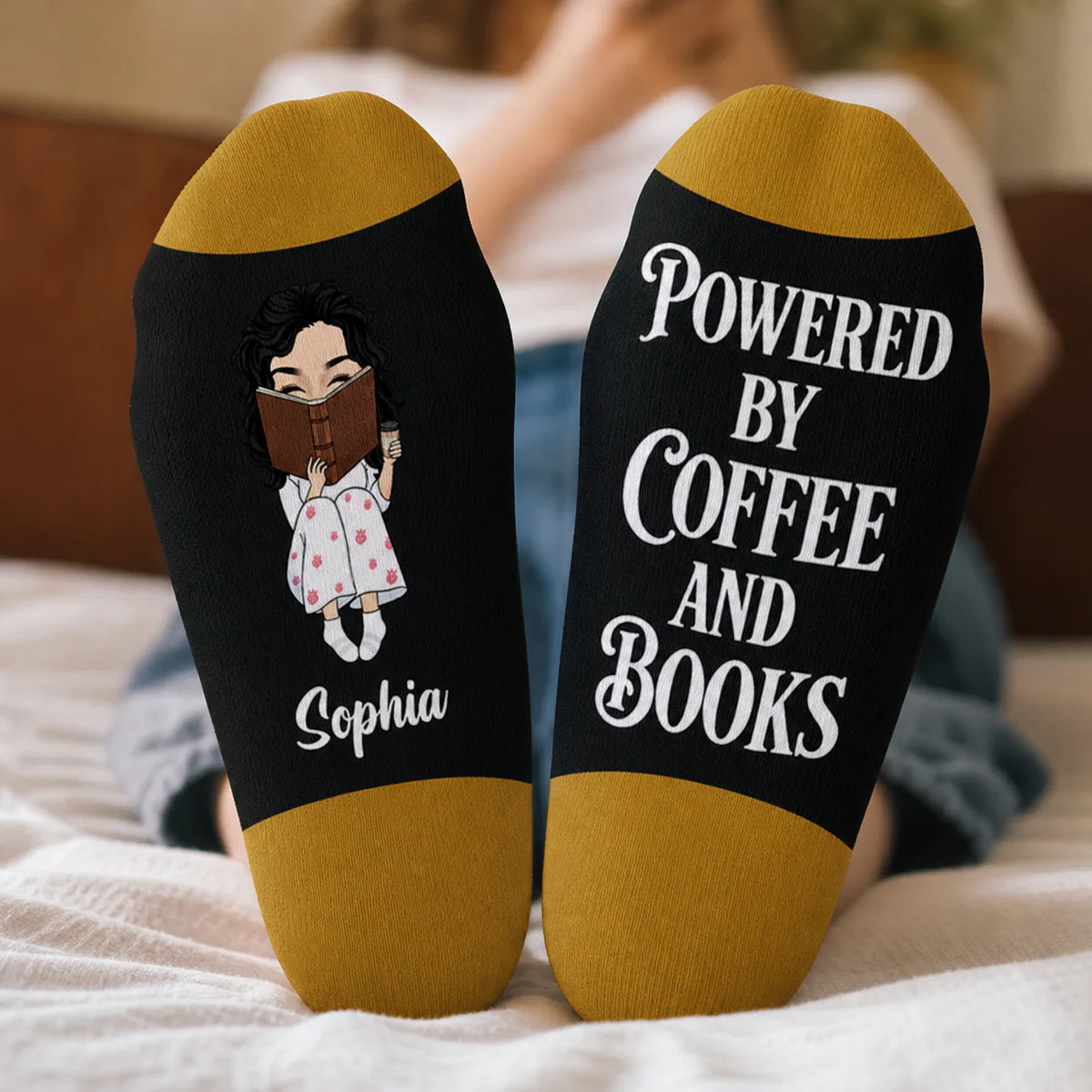 Powered By Coffee And Books - Personalized Middle Tube Socks, Custom Name Reading Sock, Gift for Book Lovers