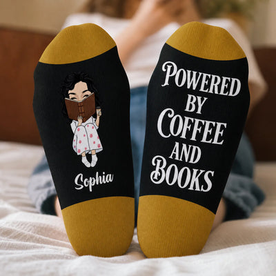 Powered By Coffee And Books - Personalized Middle Tube Socks, Custom Name Reading Sock, Gift for Book Lovers