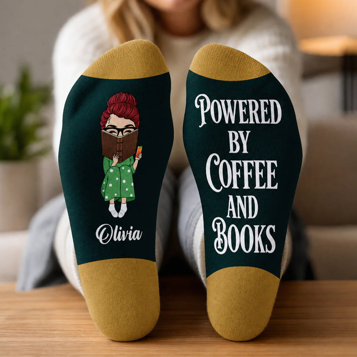 Powered By Coffee And Books - Personalized Middle Tube Socks, Custom Name Reading Sock, Gift for Book Lovers