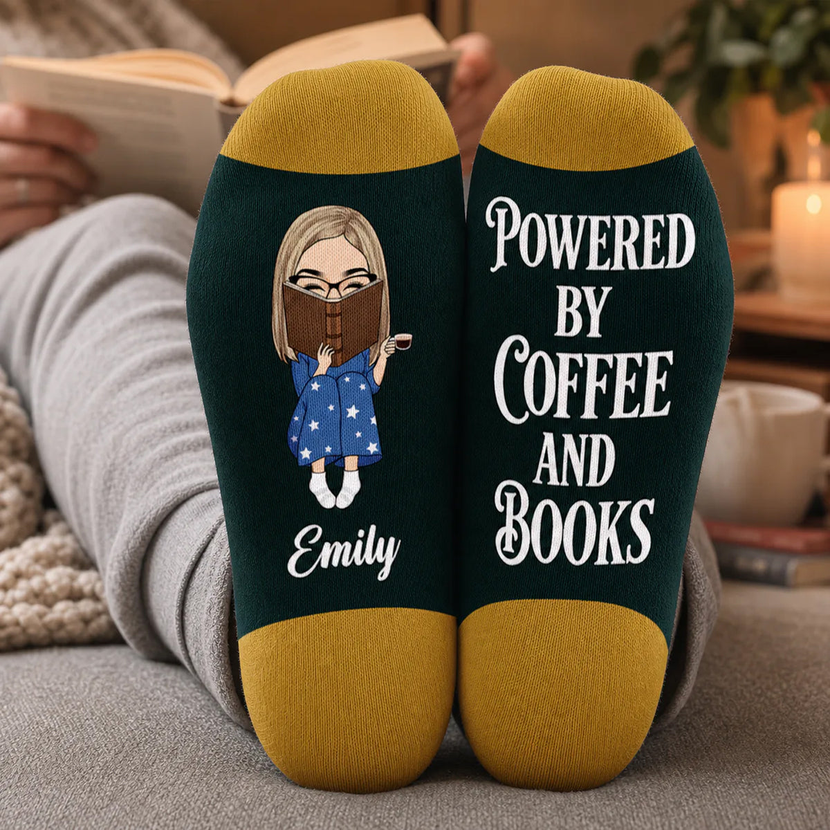 Powered By Coffee And Books - Personalized Middle Tube Socks, Custom Name Reading Sock, Gift for Book Lovers
