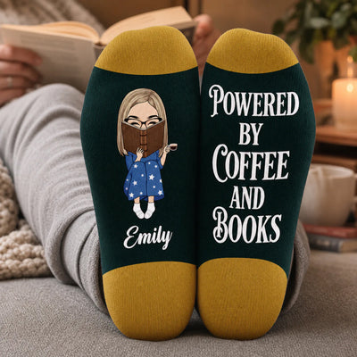 Powered By Coffee And Books - Personalized Middle Tube Socks, Custom Name Reading Sock, Gift for Book Lovers