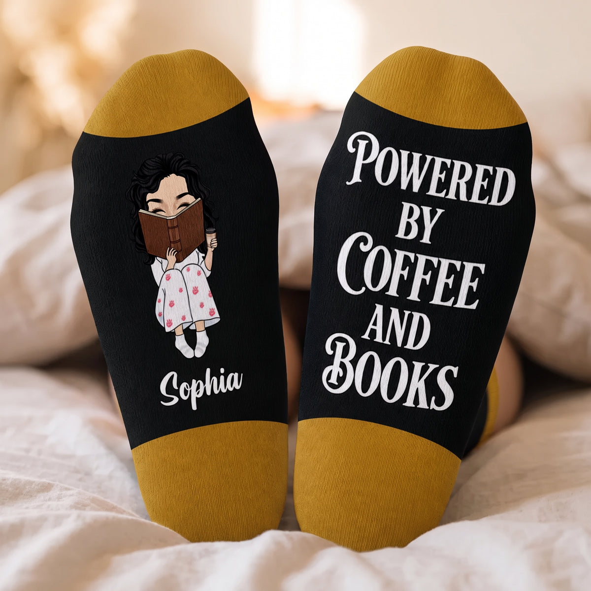 Powered By Coffee And Books - Personalized Middle Tube Socks, Custom Name Reading Sock, Gift for Book Lovers