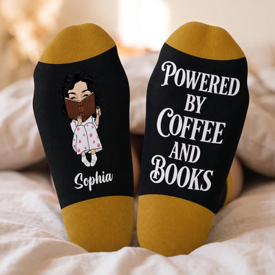 Powered By Coffee And Books - Personalized Middle Tube Socks, Custom Name Reading Sock, Gift for Book Lovers