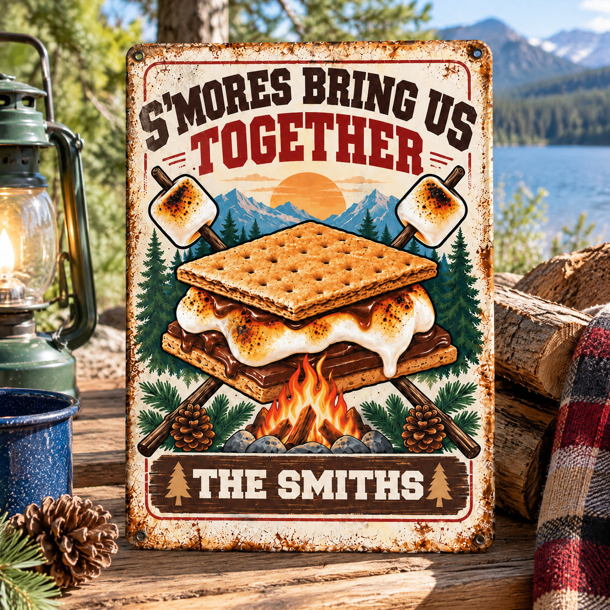 Personalized metal sign S'mores Bring Us Together on a wooden table beside a lantern, firewood and plaid blanket
