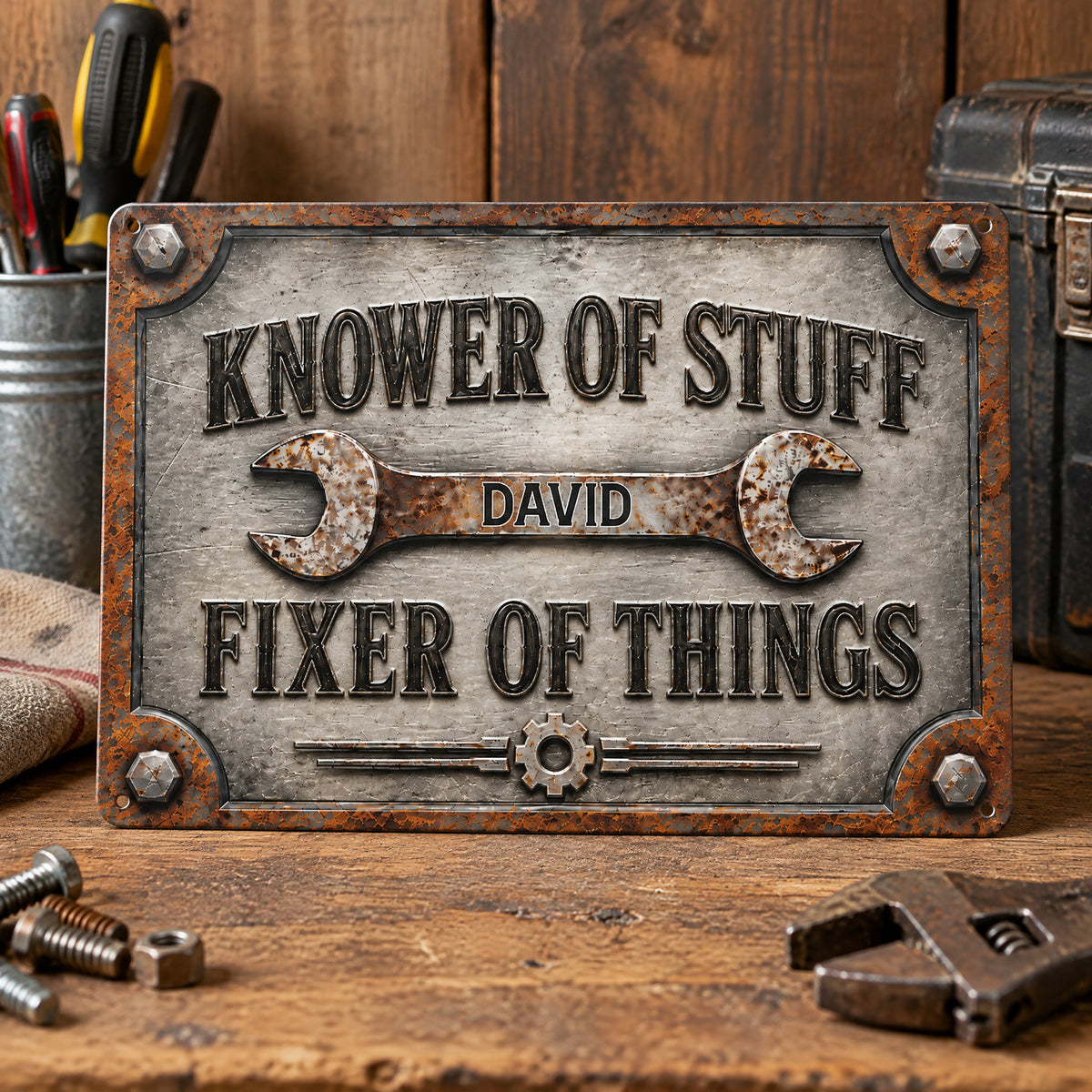 Personalized Metal Sign Knower Of Stuff standing on a wooden bench with bolts and an adjustable wrench