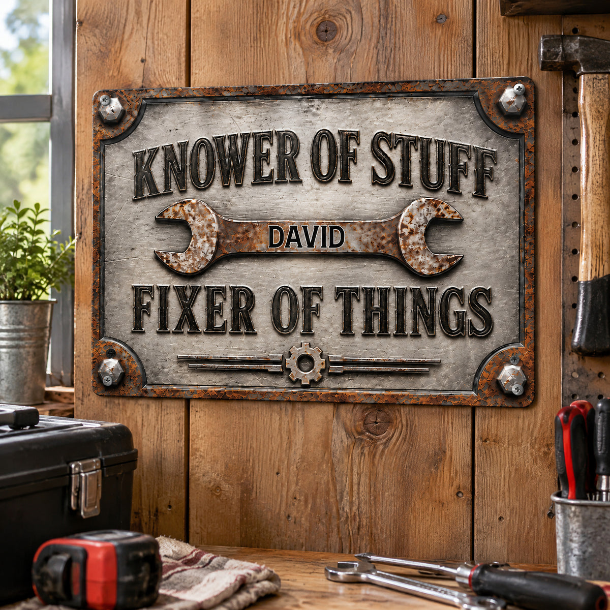 Personalized Metal Sign Knower Of Stuff hung on a wood wall beside a hammer, toolbox and tape measure