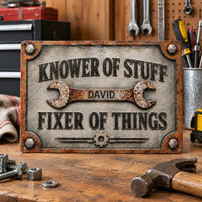 Personalized Metal Sign Knower Of Stuff on a workbench with a hammer, nuts, bolts and a tool cup behind