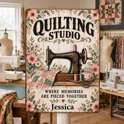 Quilting Studio Metal Sign, Custom Name Vintage Sewing Machine Wall Decor, Where Memories Are Pieced Together, Floral Quilt Room Decor, Gift for Quilters and Sewers
