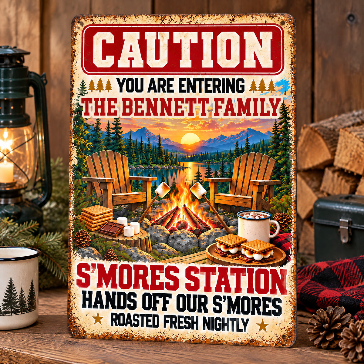 Personalized metal sign S’mores Station standing on a wooden shelf beside a lantern and stacked firewood