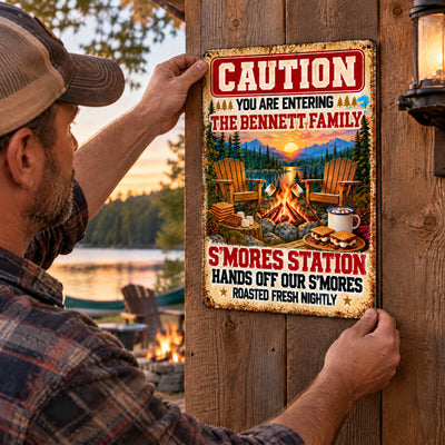 Personalized metal sign S’mores Station being hung on a wood wall by a man in a plaid shirt and cap