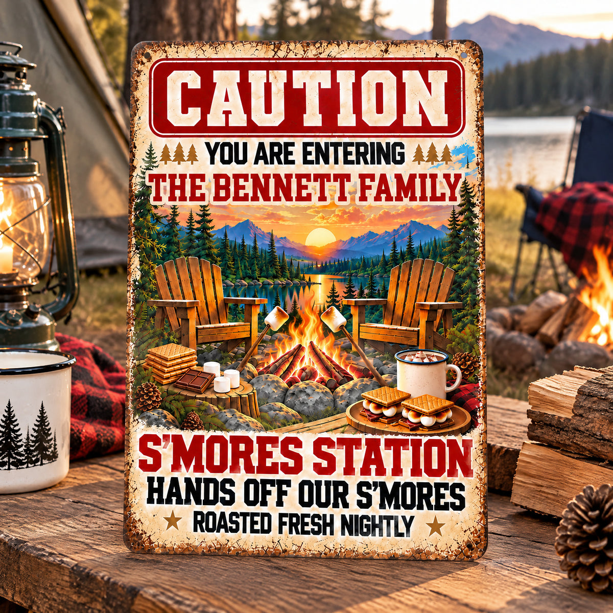 Personalized metal sign S’mores Station on a rustic table with a lantern, enamel mug and campfire in view
