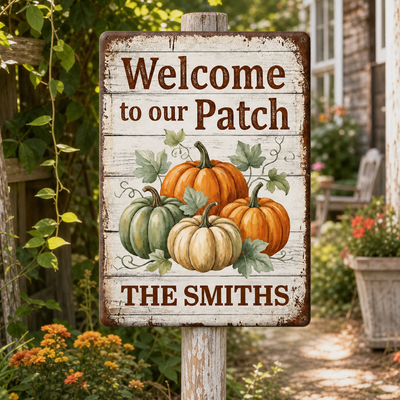 Welcome To Our Patch - Personalized Metal Sign, Fall Pumpkin Vintage Sign, Fall Yard Decor