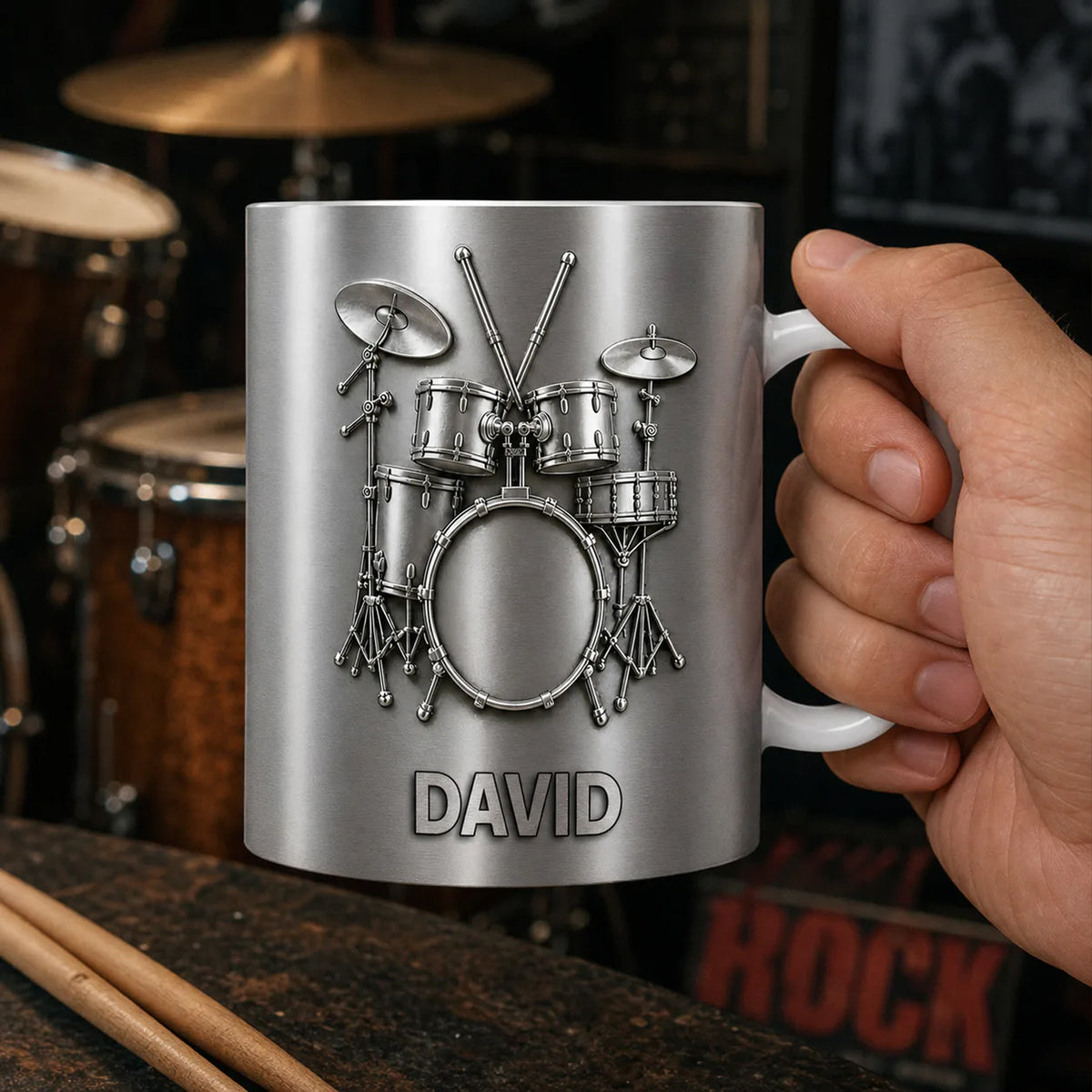 Drums Is My Happy Place – Personalized Mug, Music Lover Gift, 3D Metallic Drum Mug