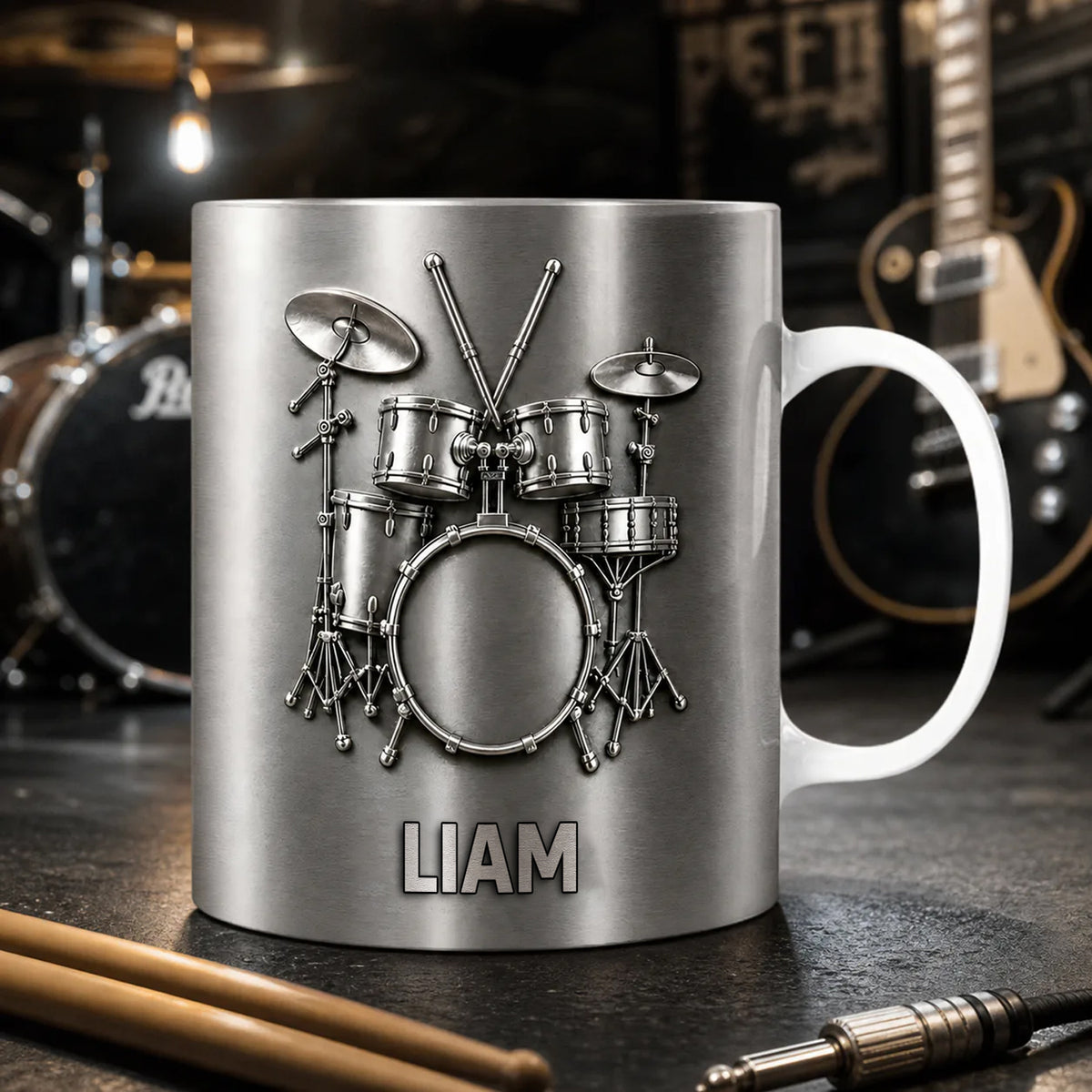 Drums Is My Happy Place – Personalized Mug, Music Lover Gift, 3D Metallic Drum Mug