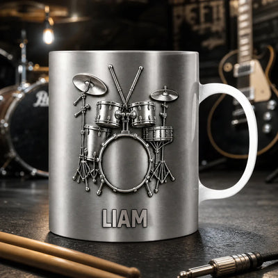 Drums Is My Happy Place – Personalized Mug, Music Lover Gift, 3D Metallic Drum Mug