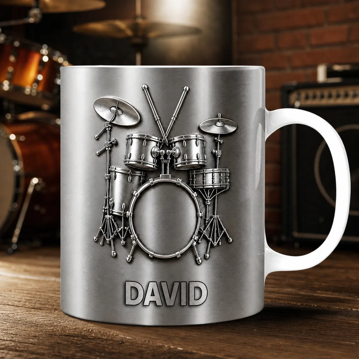 Drums Is My Happy Place – Personalized Mug, Music Lover Gift, 3D Metallic Drum Mug