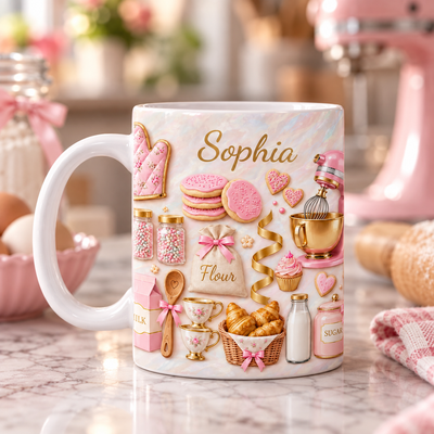 Beloved Cakes - Personalized 3D Inflated Effect Printed Mug, Custom Name Mug for Baking Lovers
