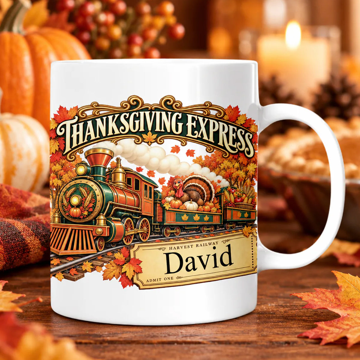 Thanksgiving Express Personalized Mug beside pumpkins, a candle and autumn leaves, ticket reading David