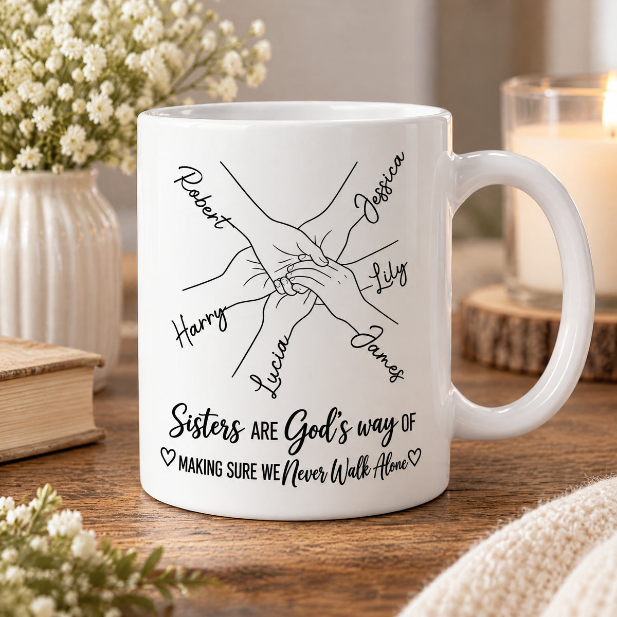 Personalized Sisters Name Mug with clasped hands design beside a vase of white flowers and a lit candle