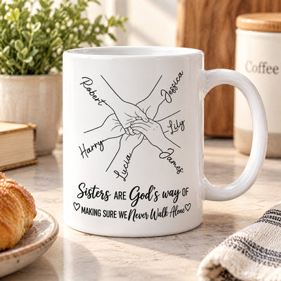 Personalized Sisters Name Mug on a kitchen counter next to a croissant plate and a striped towel