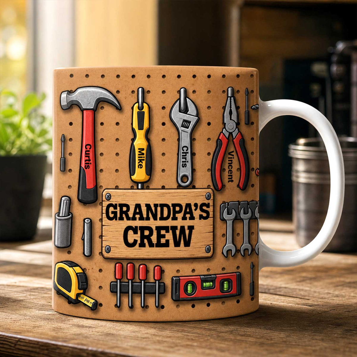 Grandpa's Crew Workshop Pegboard- Personalized Mug, Custom Name Drinkware for Grandpa/Dad