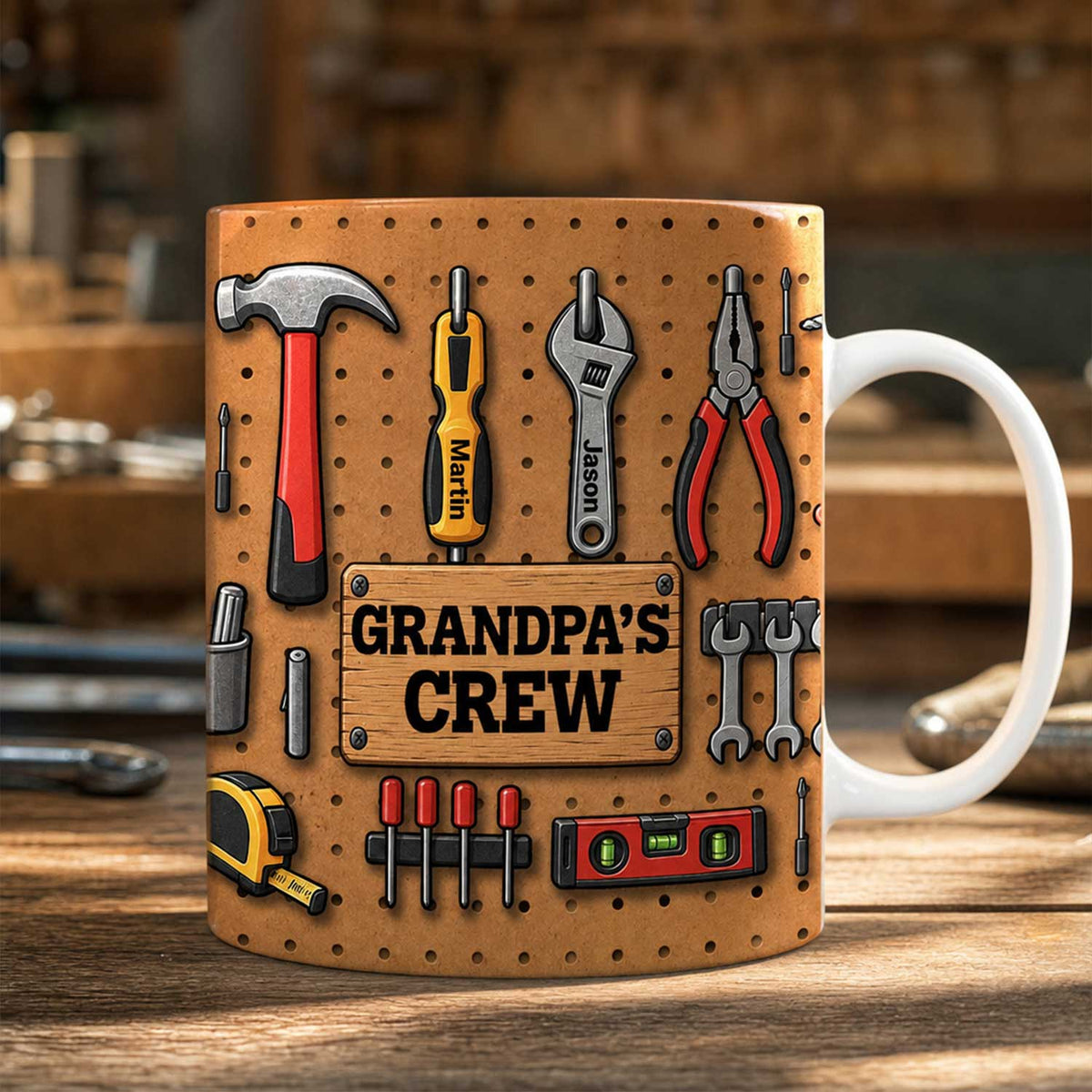 Grandpa's Crew Workshop Pegboard- Personalized Mug, Custom Name Drinkware for Grandpa/Dad