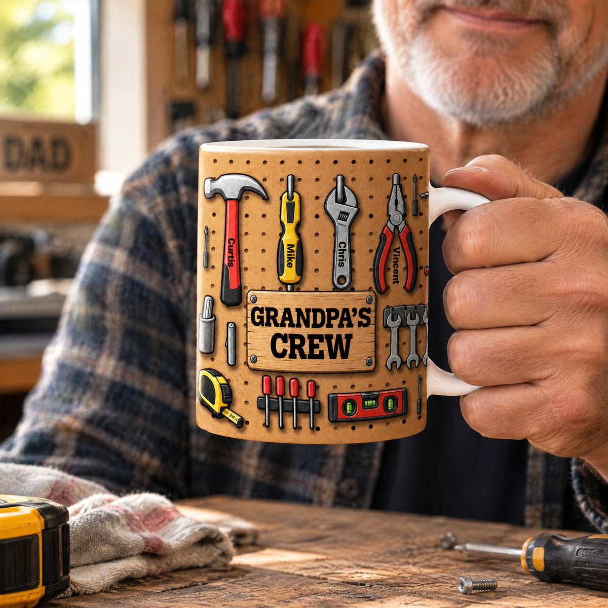 Grandpa's Crew Workshop Pegboard- Personalized Mug, Custom Name Drinkware for Grandpa/Dad
