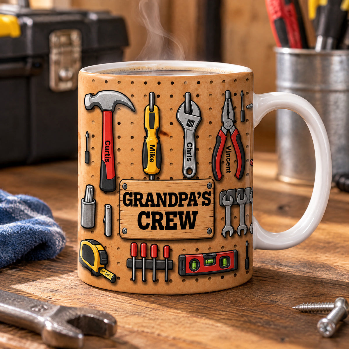 Grandpa's Crew Workshop Pegboard- Personalized Mug, Custom Name Drinkware for Grandpa/Dad
