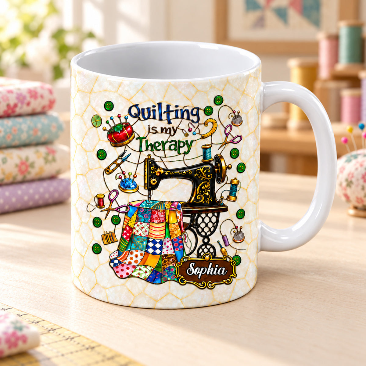 Quilting Is My Therapy Personalized Mug on a wooden table beside stacked floral fabrics and thread spools