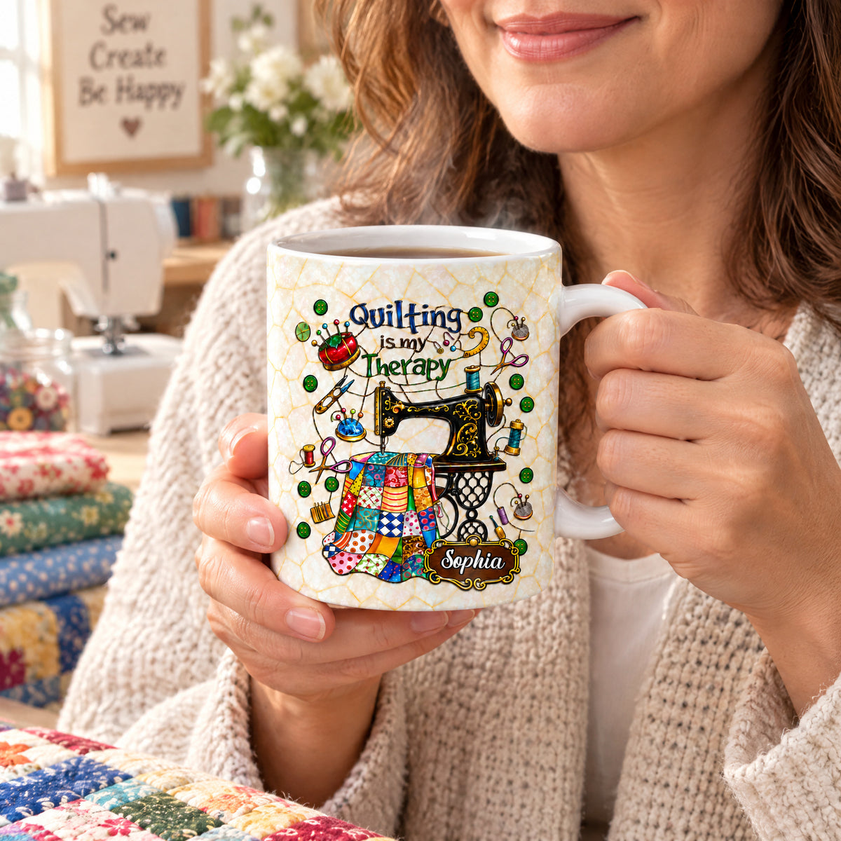 Quilting Is My Therapy Personalized Mug held by a smiling woman in a cardigan in a sewing room