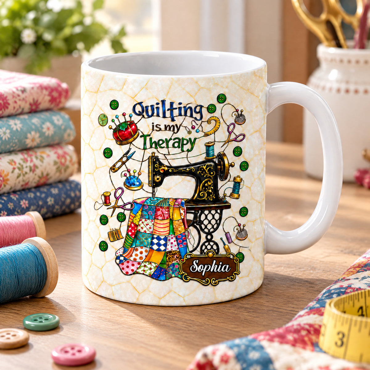 Quilting Is My Therapy Personalized Mug with name Sophia, surrounded by buttons, thread, fabric and a measuring tape