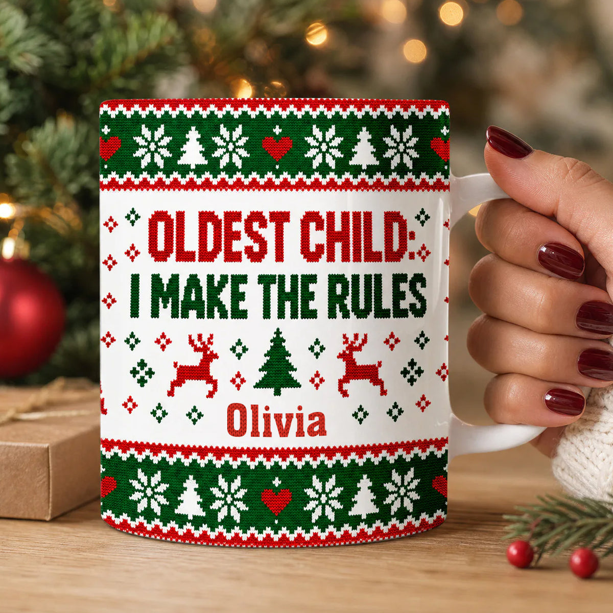 Oldest Child I Make the Rules Christmas Mug, Custom Name Funny Sibling Coffee Cup, Ugly Sweater Holiday Design, Firstborn Gift for Brother or Sister